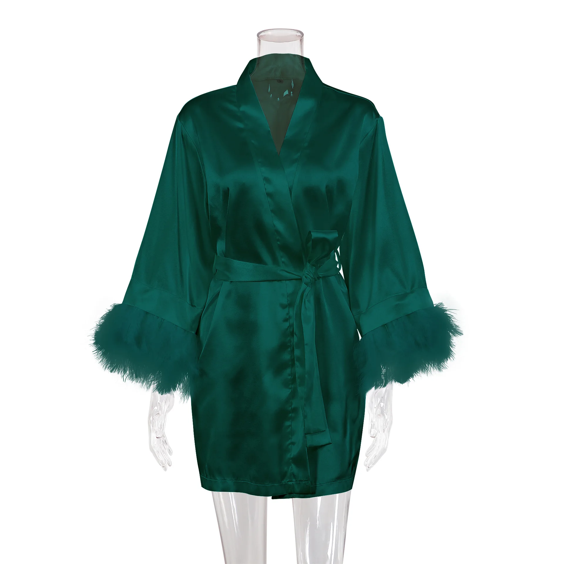 Women Satin Kimono Gown Robe Bling Nightgown Sexy Bride Bridesmaid Wedding Feather Robe V Neck Female Dressing Gown Home Dress