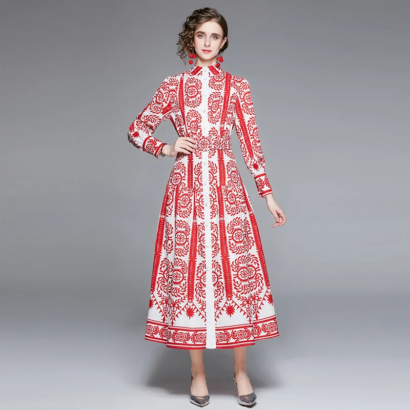 

New Printed Long Dress Puff Sleeve Vintage Elegant Ethnic Long Sleeve Dress Hot Sashes Single Breasted Maxi SLEEV DRESS 2022