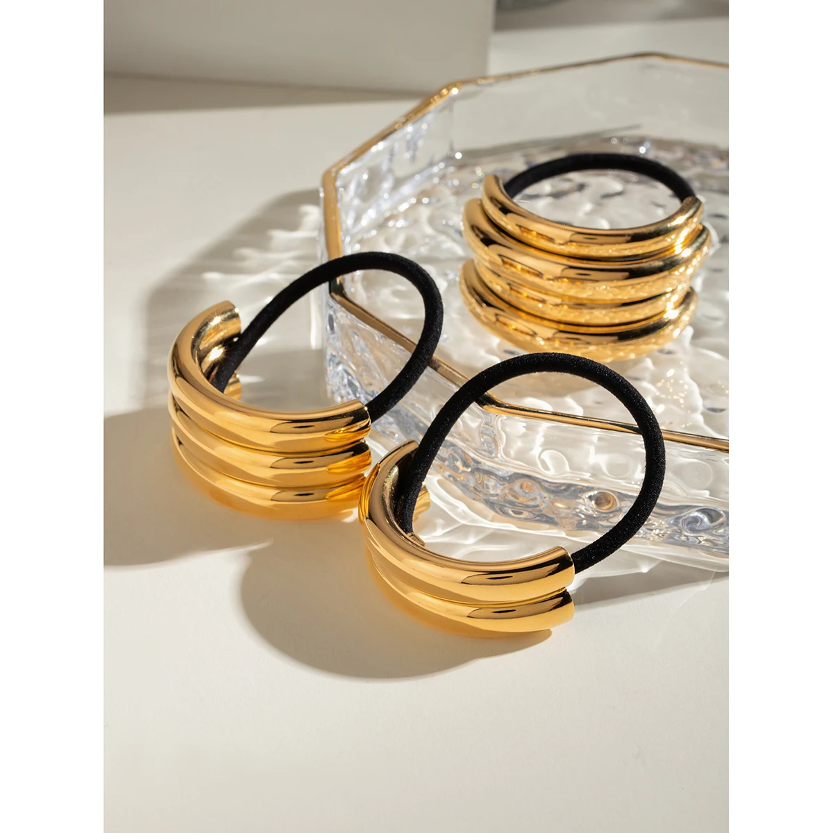 Stainless Steel 18K Gold Plated U-shaped Multi-layer Hollow Steel Tube Black Rubber Hair Bands Hair Rope Ponytails Buckle
