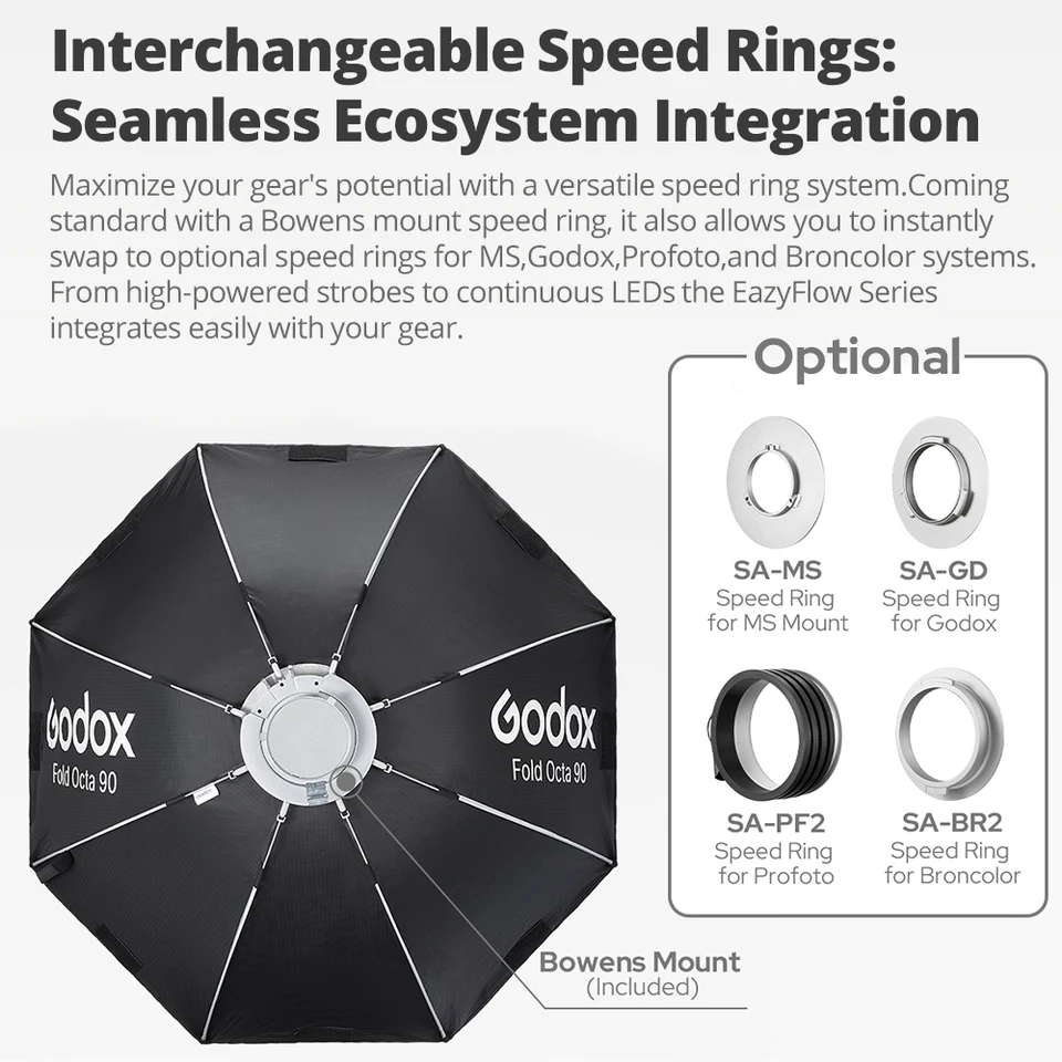 고독스 이지플로우 시리즈 접이식 소프트박스 보웬스 마운트 휴대용 퀵 세팅 조명 디퓨저 (사진 스튜디오 플래시 LED 조명용)