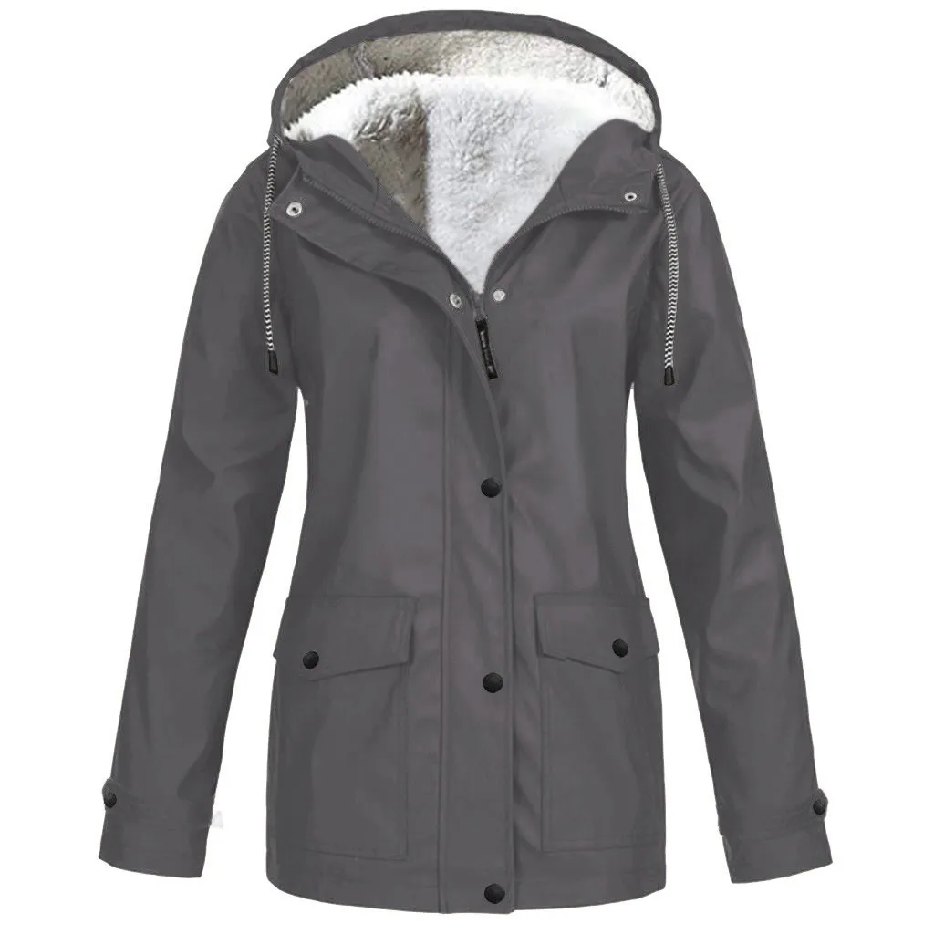 Women Outdoor Waterproof Rain Jacket Trench Coats Plus Size Windproof Hooded Coat Windbreaker Casual Zip Up Drawstring Jackets