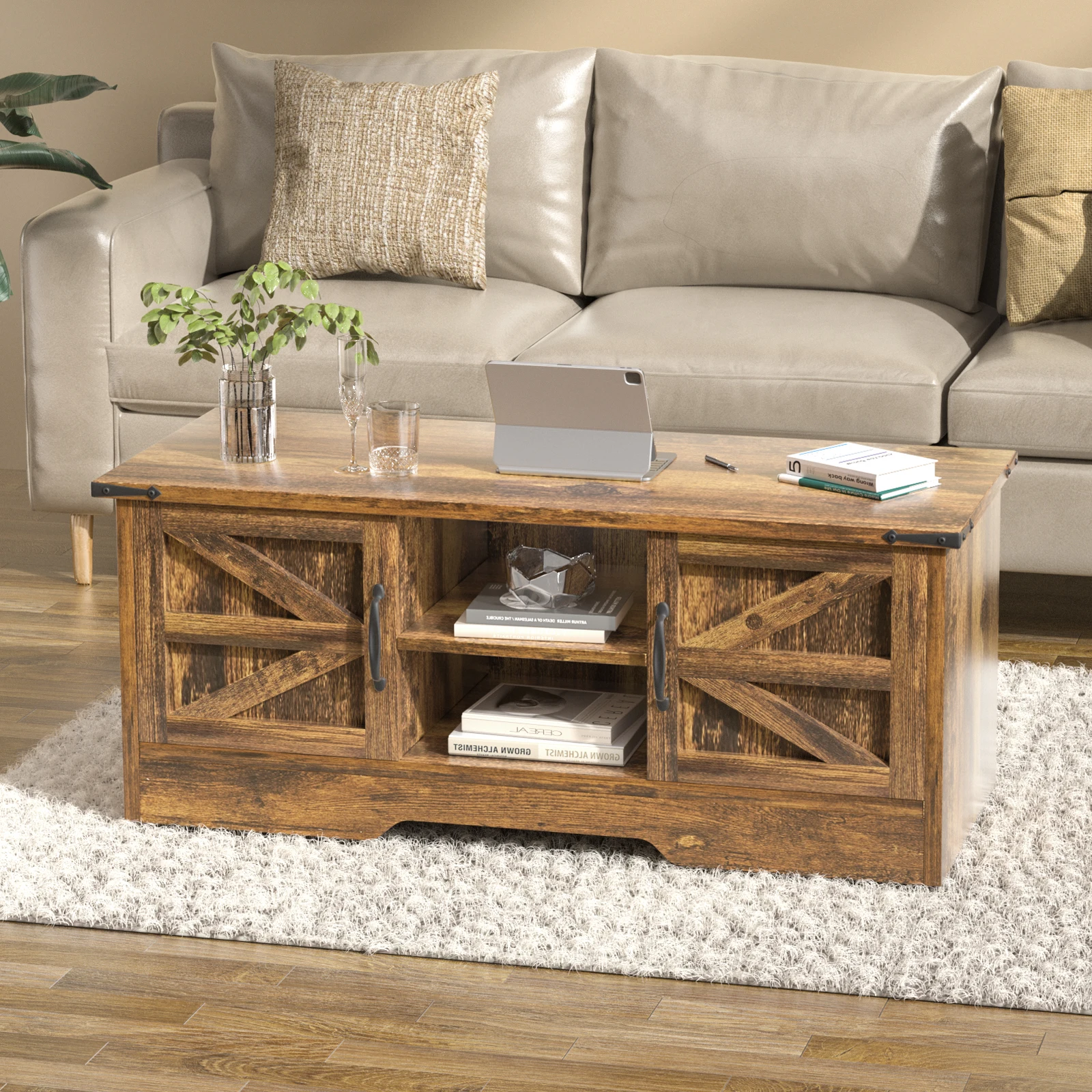 Coffee Table With Barn Doors, Farmhouse Center Table With Storage, Modern Rustic Style Wooden Living Room Table, Brown