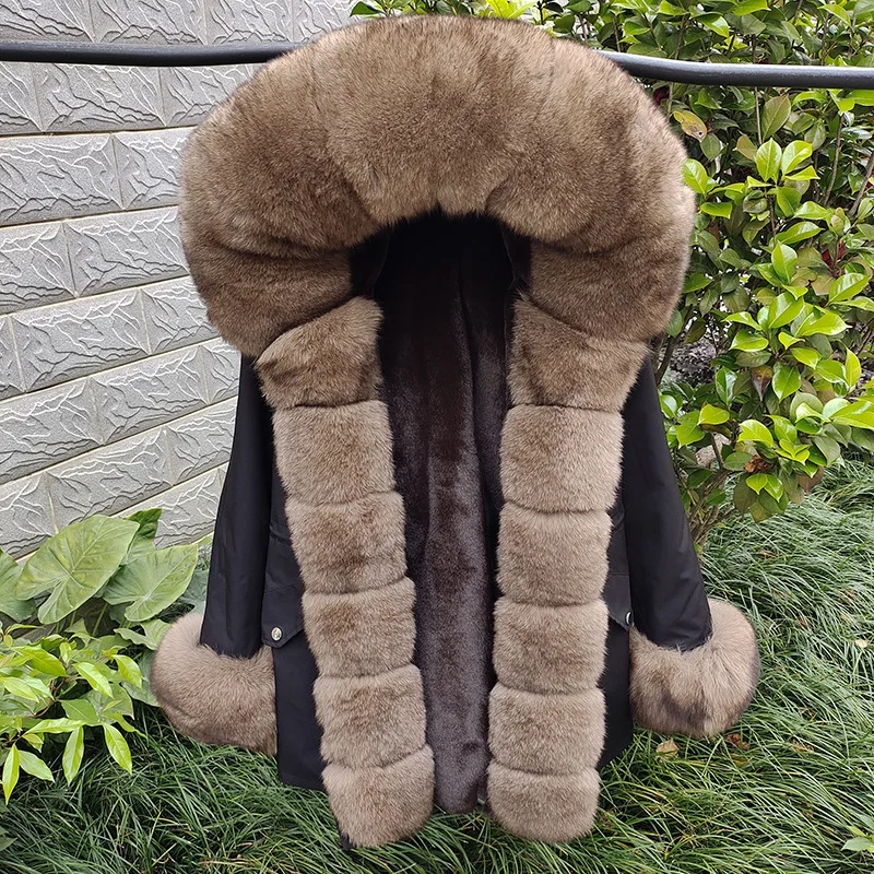 Popular Super Large Fox Fur Collar Placket Warmth Pai Ke Fu New Fashion Style Keep Warm Coat For Women  Black Real Coat