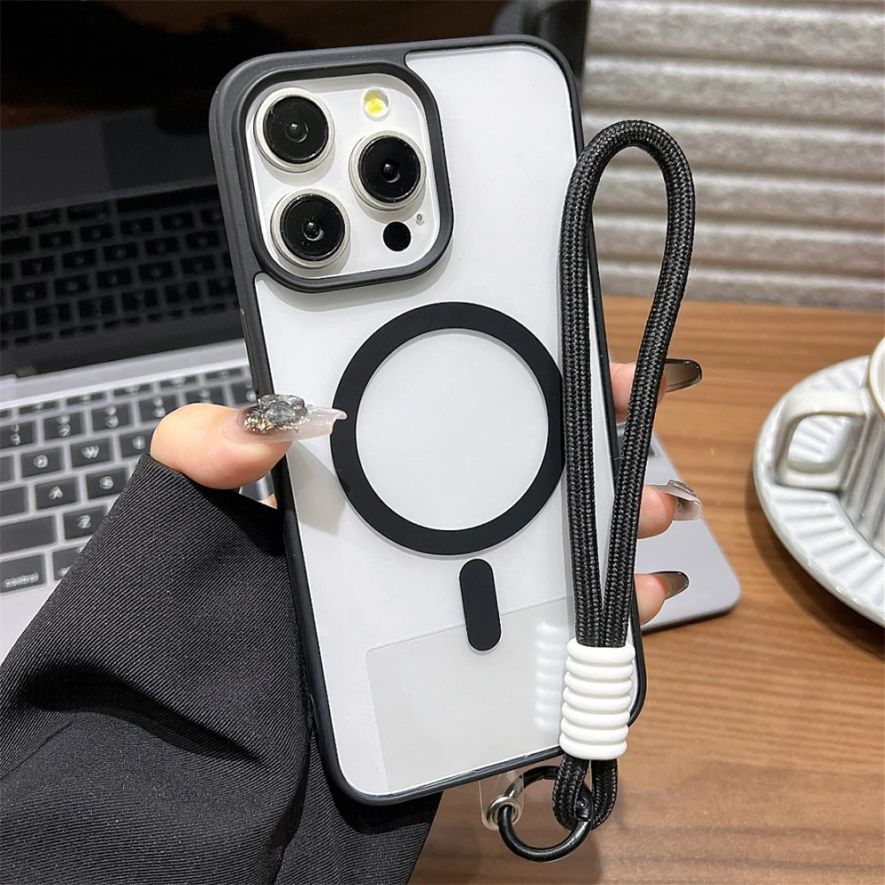 Luxury Clear Shockproof Phone Case with Lanyard and Wrist Strap Cover