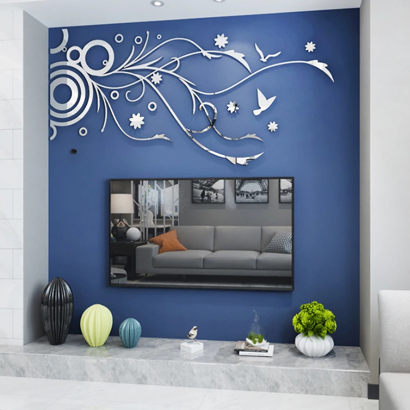 Mirror Flower Rattan Acrylic 3D Wall Stickers for Living Room Bedroom DIY Home Decor