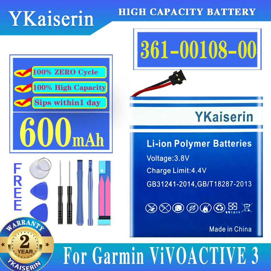 

YKaiserin 600mAh 361-00108-00 Battery For Garmin Vivoactive 3 Vivoactive3 GPS Sports Watch Batterie + Tools