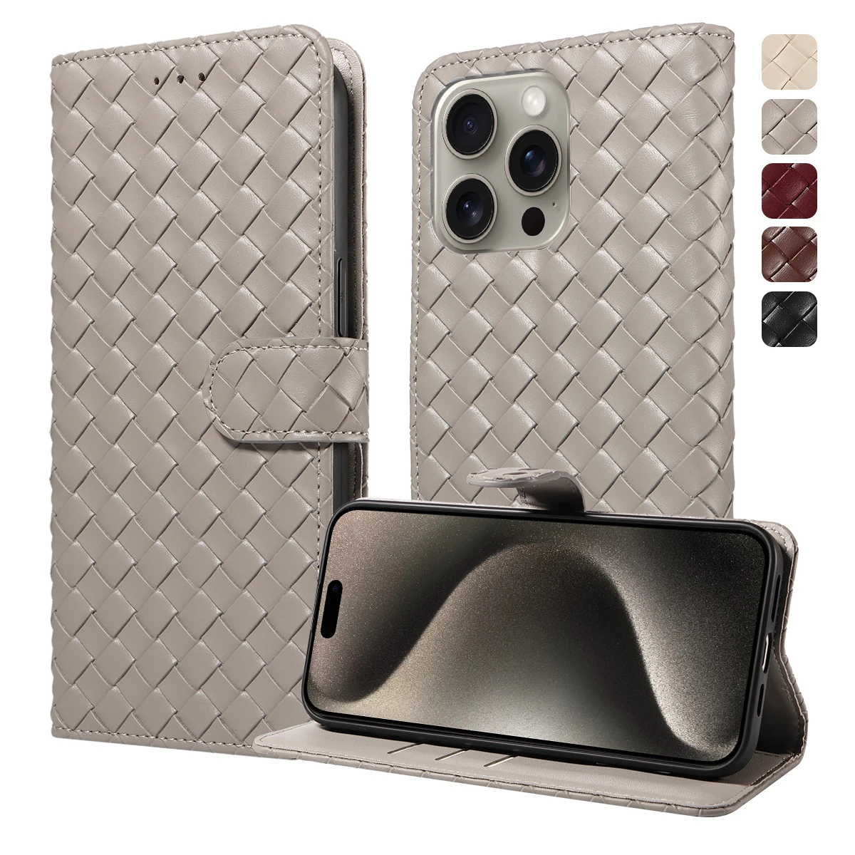 Woven Shockproof PU Leather Phone Case with Stand Cover