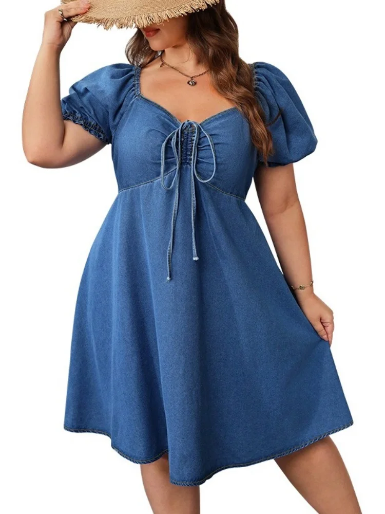 Wmstar Plus Size Denim Dresses Women Wholesale New European American Summer Short Sleeved Elastic Mid Length Dress Elegant Woman