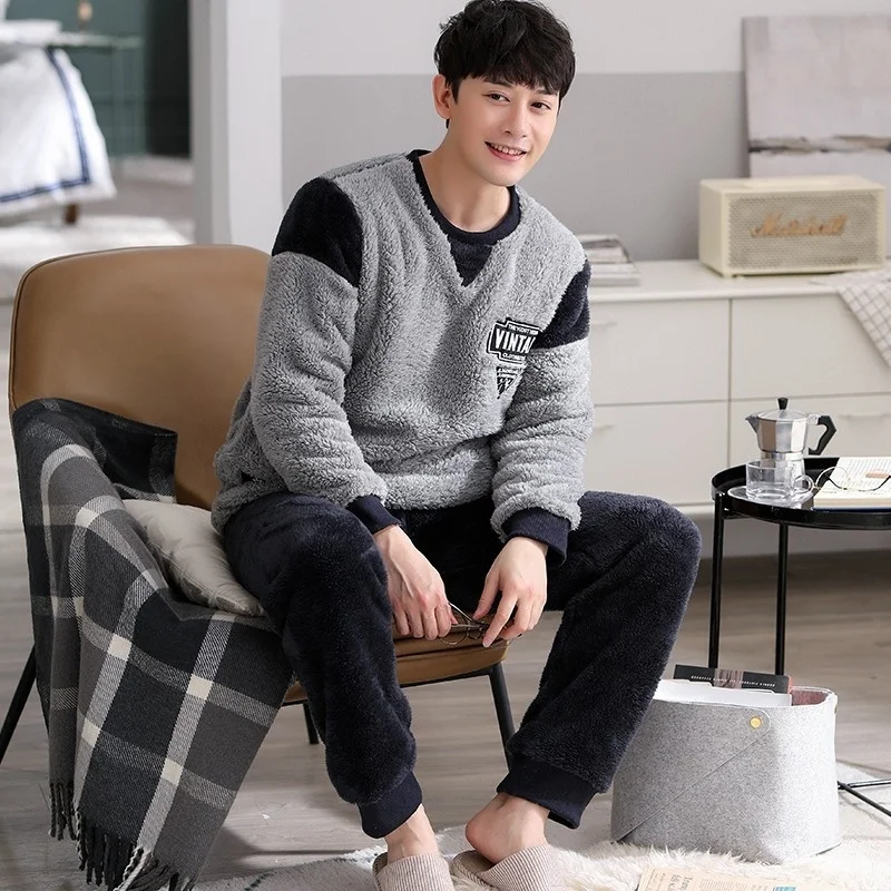 New Coral Velvet Pajamas Men's Winter Long Sleeve  Flannel Thickened Simple Leisure Warm Home Clothes