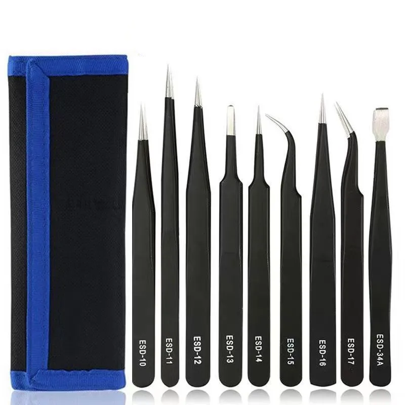 9pcs/set Anti static ESD Stainless Steel Tweezers Maintenance Tools