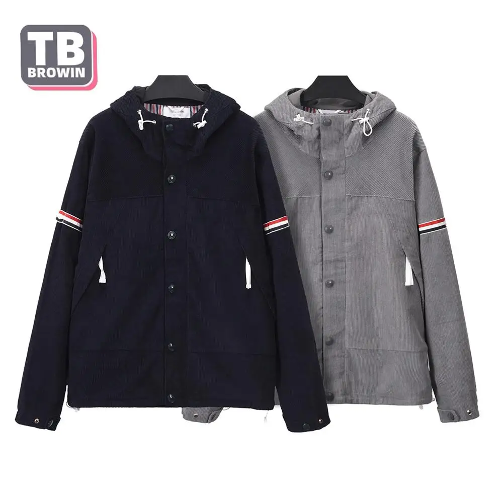 

TB BROWIN Flagship Store Brand Men's corduroy Jacket Hoodie Windbreaker striped Leisure party Winter Classic Thom Zipper Coat