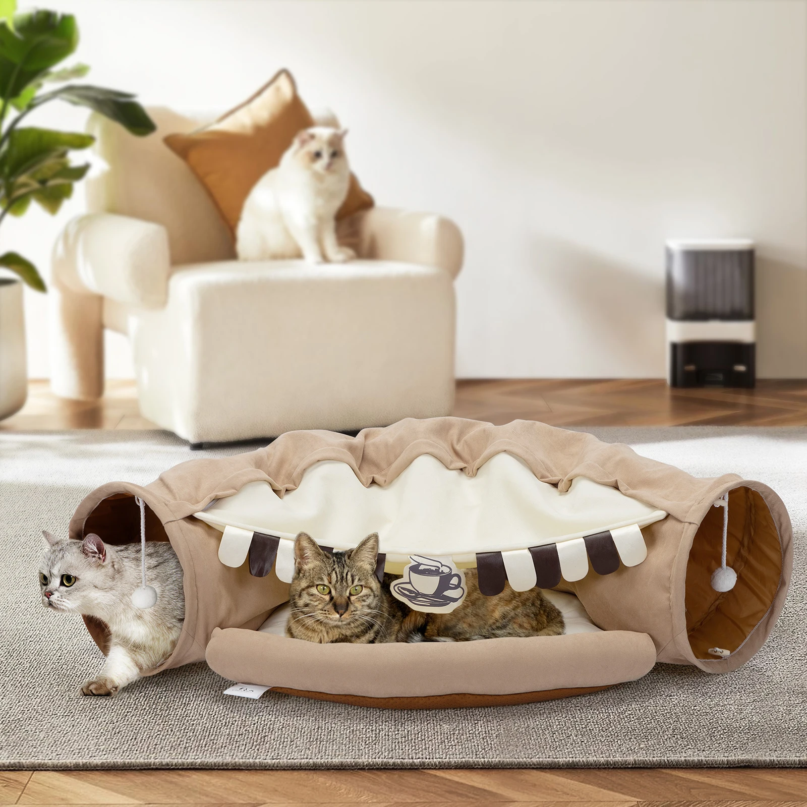 Collapsible Cat Tunnel Bed for Indoor Cats, Washable Cat Hide Tunnel with Hanging Toys and Cushion Mat 1