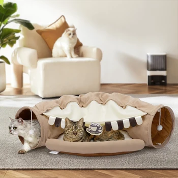 Collapsible Cat Tunnel Bed for Indoor Cats, Washable Cat Hide Tunnel with Hanging Toys and Cushion Mat 1