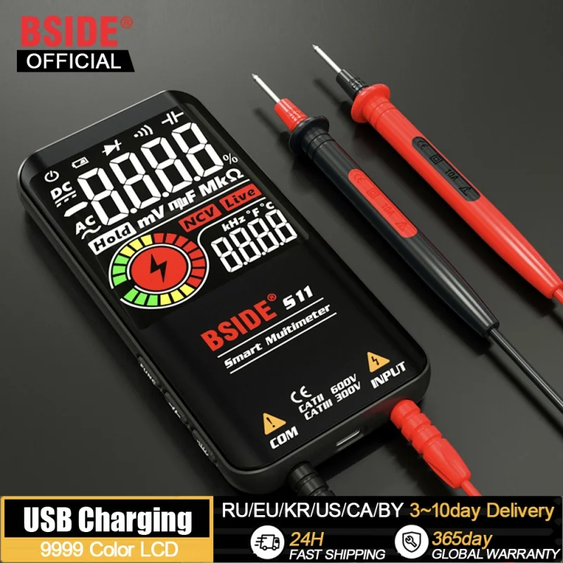 

Профессиональный цифровой мультиметр BSIDE Smart 9999 EMF, мультитестер напряжения постоянного и переменного тока, конденсатор напряжения Ом, диодный Электрический тестер под напряжением, зарядка через USB