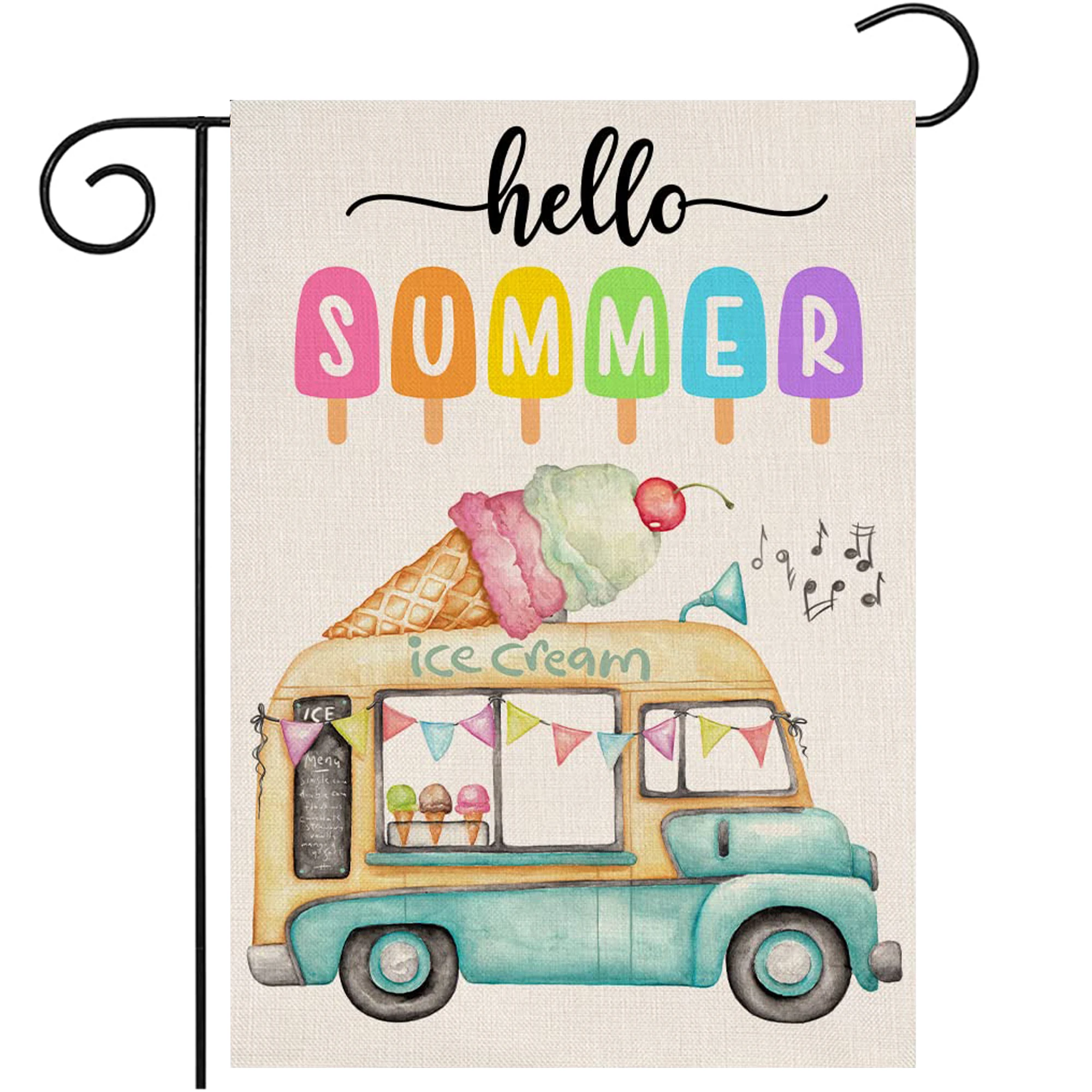 

Summer Ice Cream Truck Garden Flag 12x18 Vertical Double Sided Burlap,Hello Summer Sign Outside Decor Yard Small Flag
