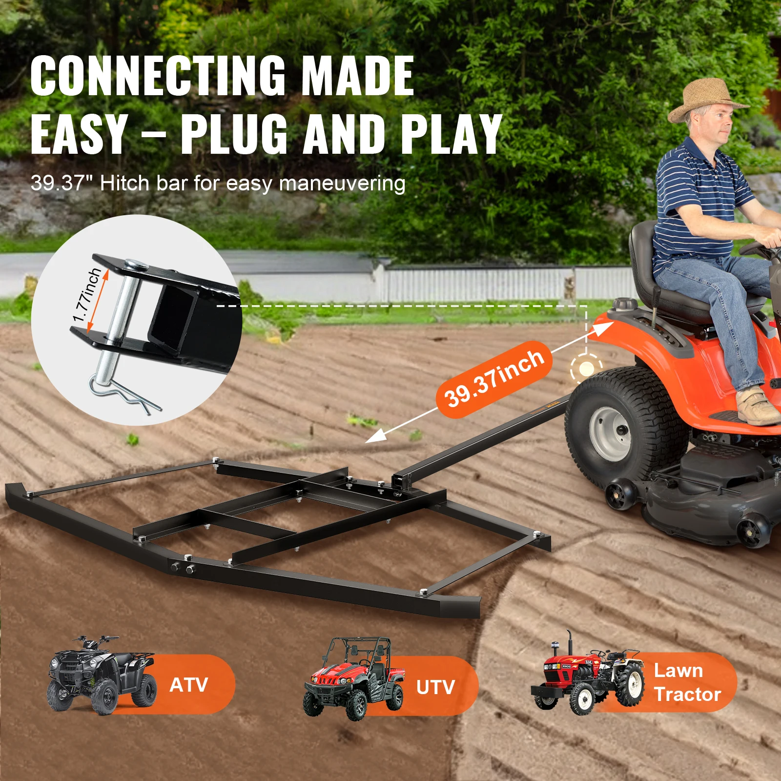 VEVOR Driveway Drag 76.57" Width Tow Behind Drag Harrow Q235 Steel Driveway Grader with Adjustable Bars Support up to 50 lbs