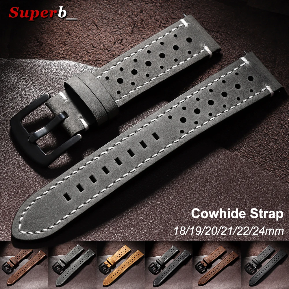 Vintage Brown Handmade Cowhide Leather Strap - Quick Release Breathable Porous Watch Band