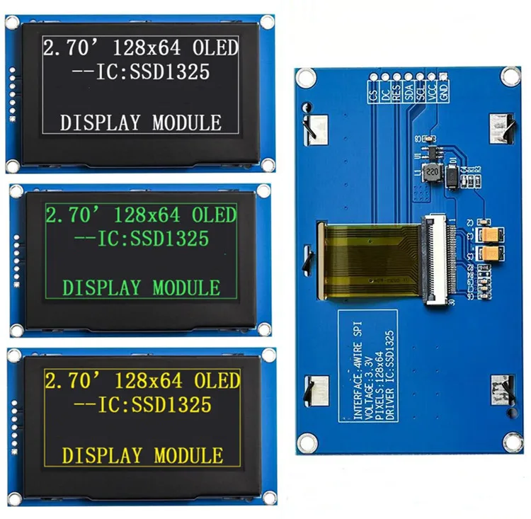 IPS 2.7 inch 7PIN SPI White/Green/Yellow PM OLED Display Screen Module SSD1325 Drive IC 128*64