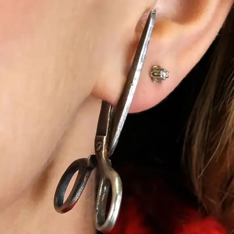 Stud Earrings Dark Gothic Vintage Imitation Scissors Exaggerate Stud Earrings For Men Women Goth Punk Silver Halloween Jewelry