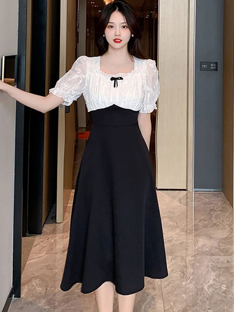 Black Patchwork White Lace Bow Sqaure Collar Dress for Prom 2024 Korean  Vintage Hepburn Female Dress Summer Elegant Casual Dress - AliExpress