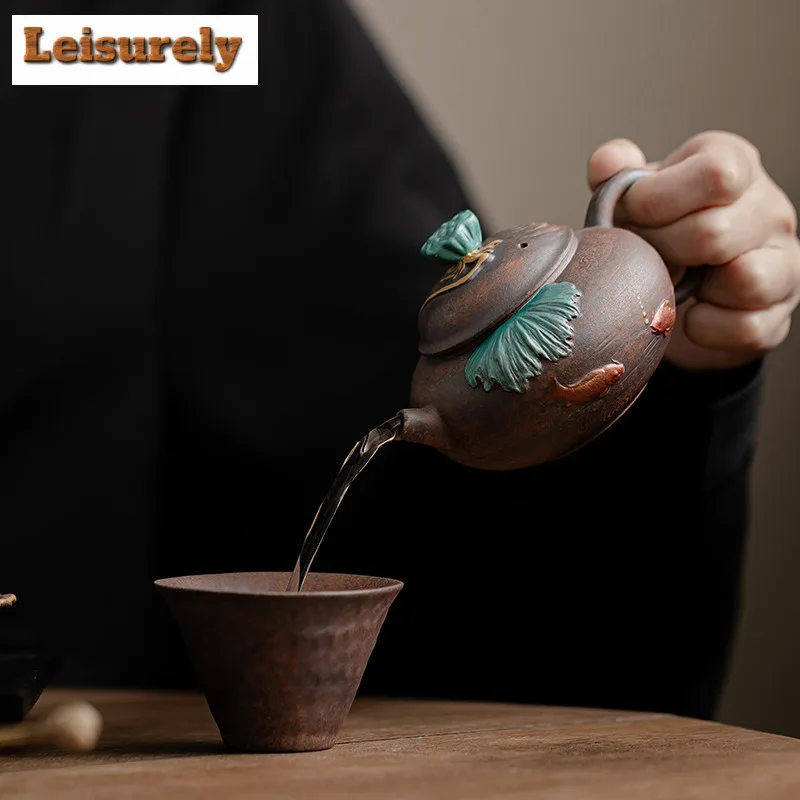 150ML Lotus Koi Fish Old Rock Mud Teapot Aesthetic Tea Infuser Pot Tea Maker Kettle With Filter Tea Services Supplies Craft Gift