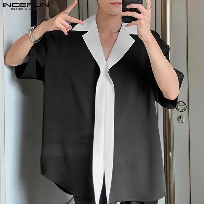 

INCERUN Tops 2023 Korean Style New Men Lapel Patchwork Black White Contrast Blouse Casual Personality Short Sleeved Shirts S-5XL