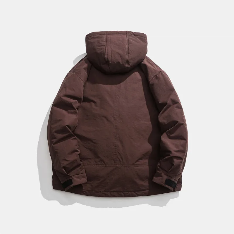 Vintage Winter American Outdoor workwear for men and women, hooded solid color loose down jacket