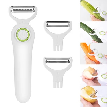 Fruit Vegetables Peeler with 3 Cutter Heads Skin Scraper USB Rechargeable Stainless Steel Safety Lightweight Home Kitchen Tool