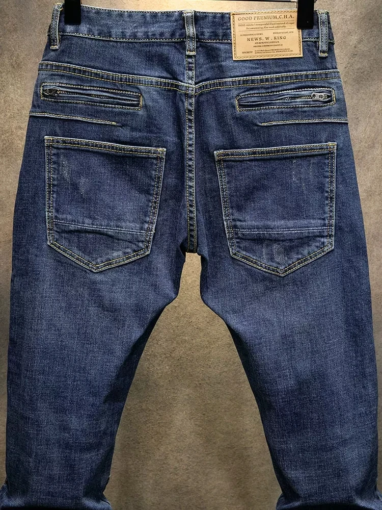 High Street Fashion Men Jeans Retro Blue Elastic Stretch Slim Fit Patched Ripped Jeans Men Zipper Pocket Designer Hip Hop Pants