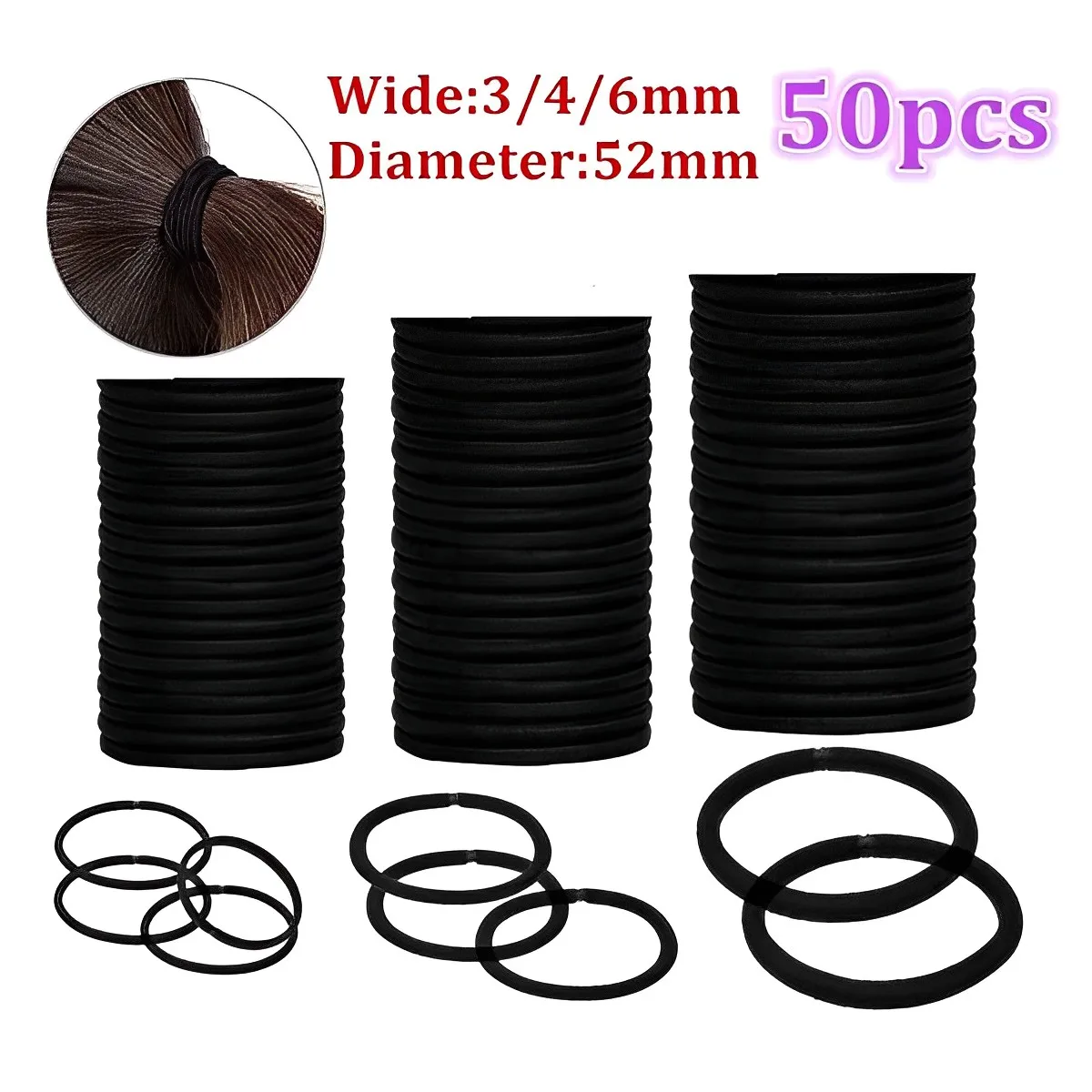 

50pcs Black Hairbands for Thick & Less Hair Elastic Rubber Bands Ropes Basic Hair Ties Hairband Ponytail Holders 2.5mm 4mm 6mm