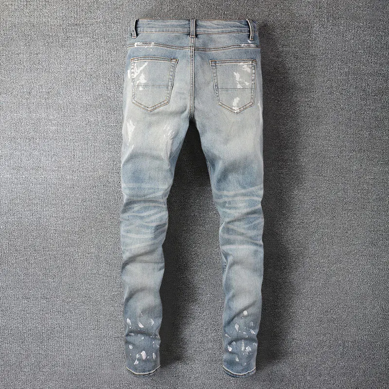 Rhinestones Splashing Ink Patchwork Male Ripped Hole Design Stretchy Jean Hip Hop Style Trouser For Men Pantalon Vaqueros Hombre