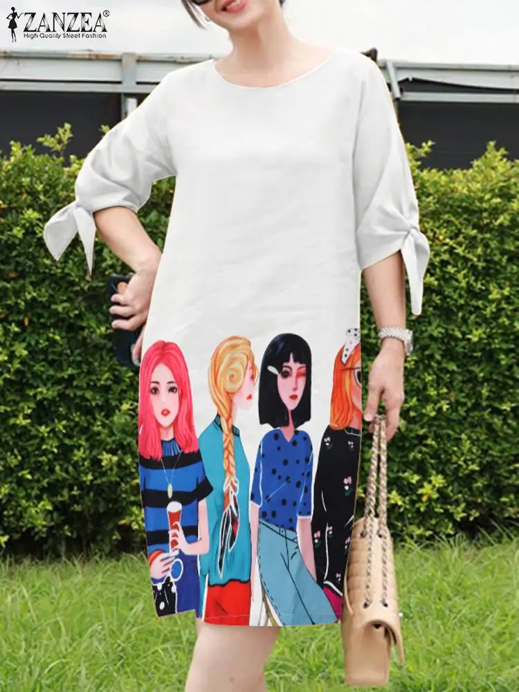 

ZANZEA Bohemian Elegant Printing Dress Woman Casual Holiday Sundress 3/4 Sleeve O-Neck Dresses Casual Beach Vestidos Oversized