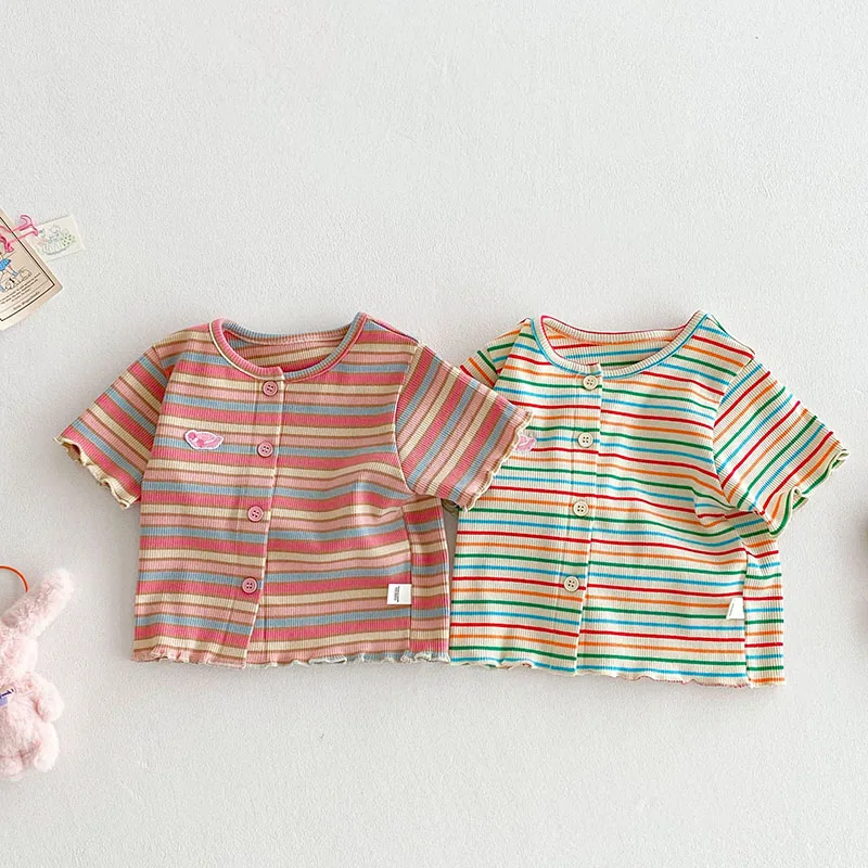 Girls Colorful Striped Short Sleeved Knitted Sweater