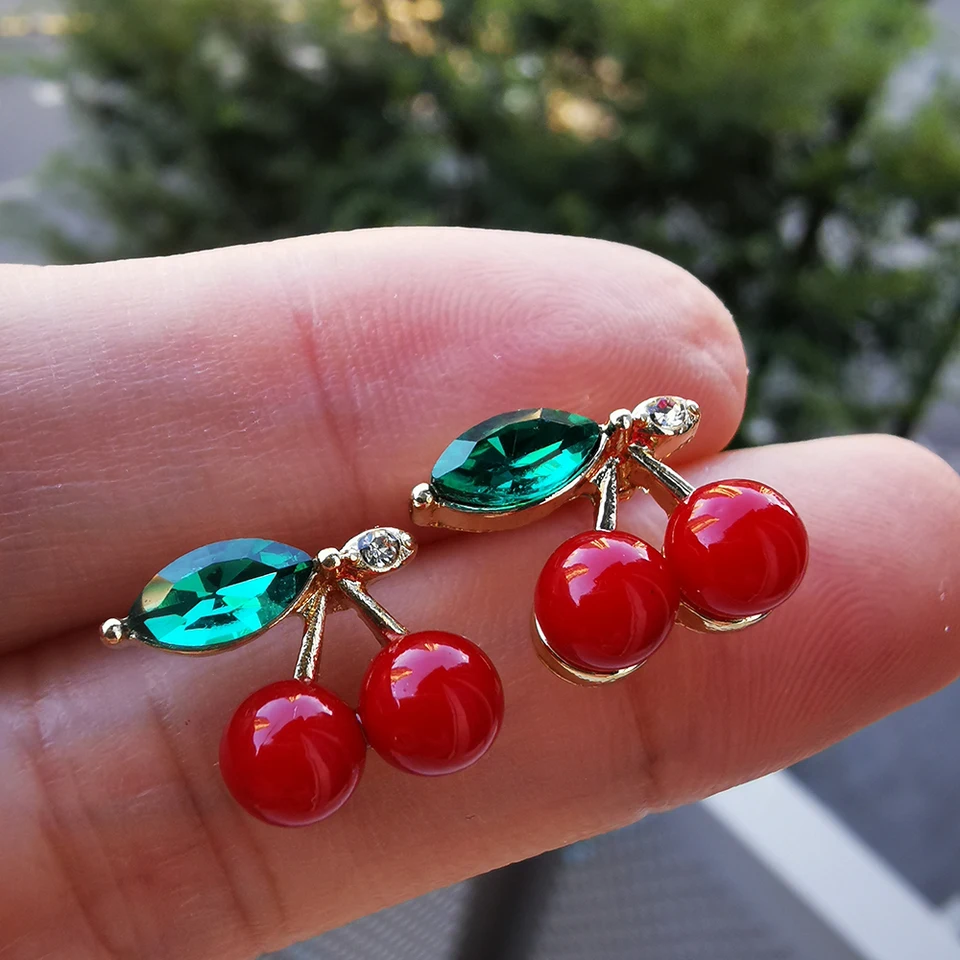 thumbnail image 2 of Cherry Stud Earrings For Women Personalized 18K Gold Plated Red Cherry Elegant Shining Green Emerald Leaf Cz Crystal Ruby Cherries Post Earring Cherry Je 2 of 11