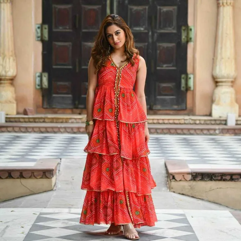 

Orange Color Straight Procin Print Salwar Suit Kurti Pant Partywear Dress Set