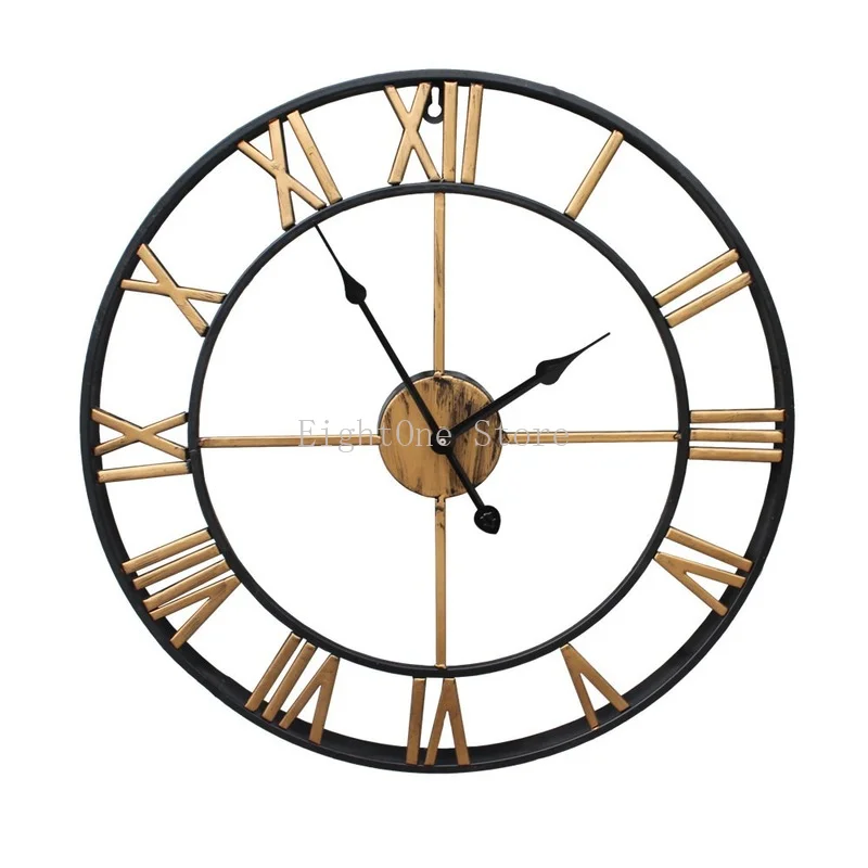 

40/47/60/80cm Modern 3D Large Retro Black Iron Round Art Hollow Metal Wall Clock Nordic Roman Numerals Clock Home Decoration