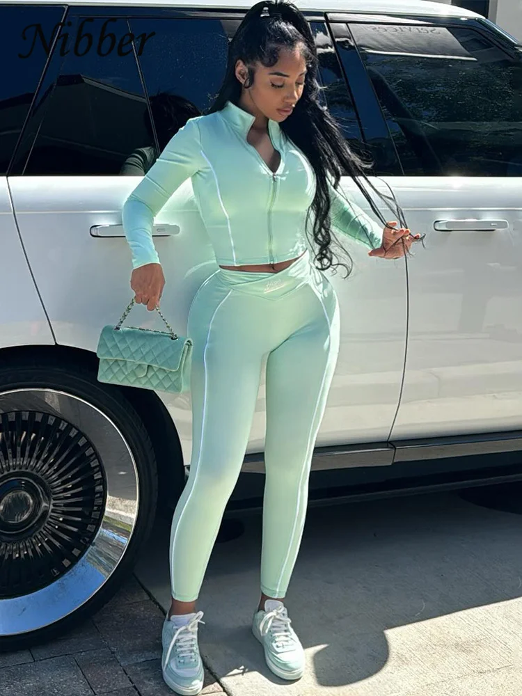 Nibber Casual 2 Piece Set Tracksuit Elastic Patchwork Stripe Tight Zip Crop Jacket+Leggings Matching Streetwear Sporty Suits