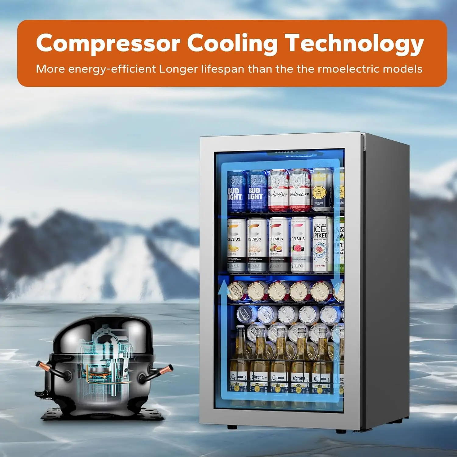 Beverage Refrigerator Cooler 140 Can Small Beverage Fridge Drink Fridge with Glass Door for Beer Soda Freestanding and Under