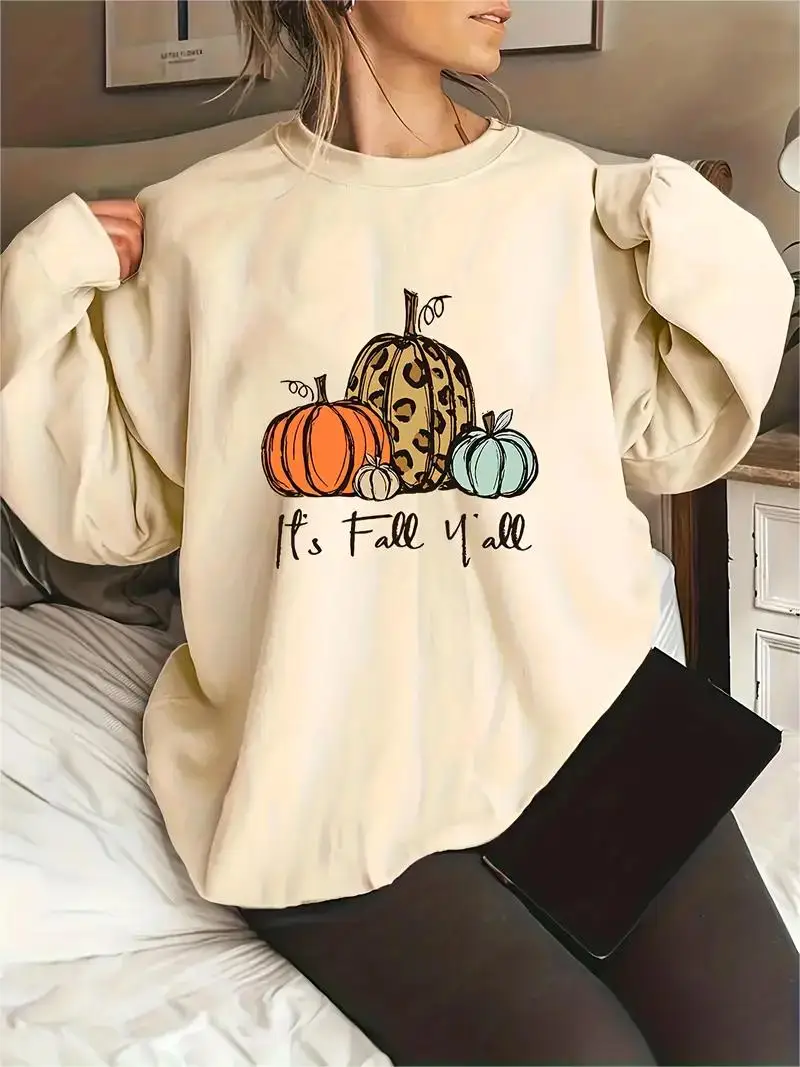 Plus Size Halloween Casual Sweatshirt Women's Plus Pumpkin Slogan Print Long Sleeve Round Neck Sweatshirt