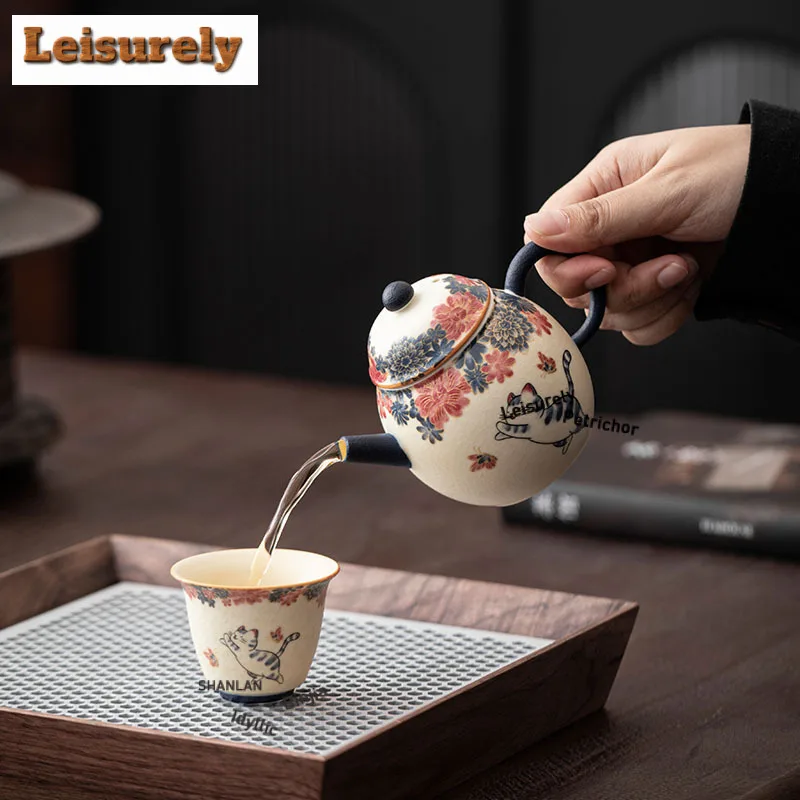 180ML Hand Painted Cat Scent Dragon Egg Teapot Retro Tea Infuser Pot Tea Soaking Kettle With Filter Teaware Supplies Collection