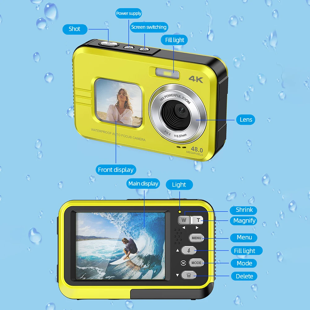 2.7 Inch Video Camera 48 MP Waterproof 2.7K High-Definition Camera Dual Screen 16X Zoom For Outdoor Sports Dive Digital Camera