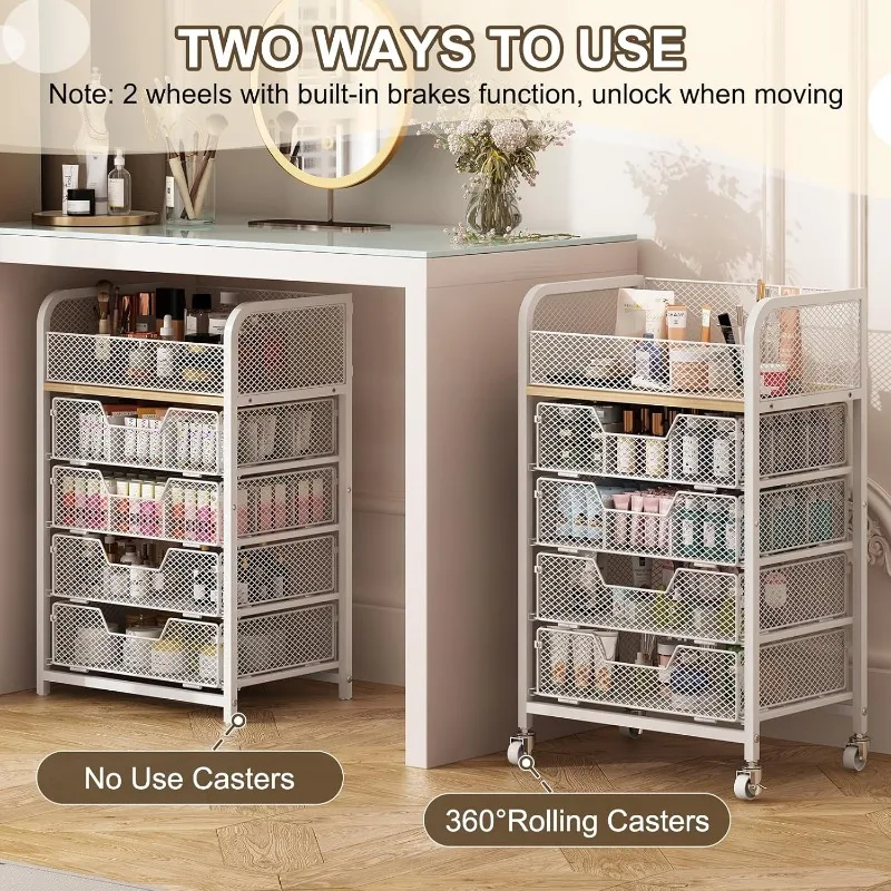 Rolling Makeup Cart Organizer with 4 Drawers, Floor Skincare Organizers with Wheels, Cosmetics Display Cases, 2