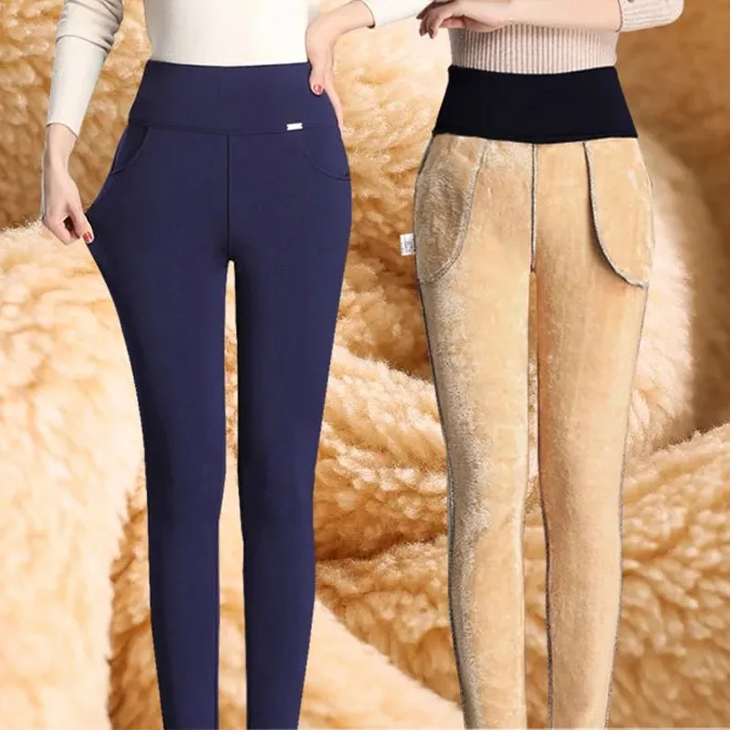 Super Warm Oversized 6XL Stretch Pencil Pants Velvet Snow Bottoms High Waist Thick Trousers Winter Lambswool Skinny Pants Women casual super warm skinny vaqueros mom thick plus velvet denim pencil pants snow wear cashmere winter jeans mujer cintura alta