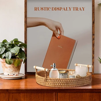 Handwoven Rattan Storage Tray Basket With Wooden Handle Bread Basket Tray Fruit Wicker Tray Coffee Table Decorative Tray 4