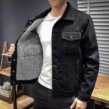 남성용 양 패딩 진 코트, 남성용 데님 재킷, 와이드 슬리브, 블랙 패딩 울, 따뜻한 겨울 겉옷, 미적 의류 G