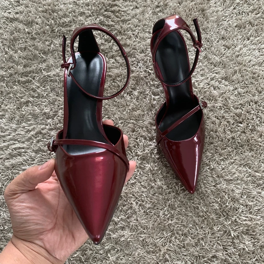 Fashion Dark Red Ankle Strap Pumps Women Point Head Patent Leather Stilettos Summer Sexy Thin High Heels Sandals For Woman 6