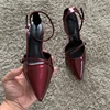 Fashion Dark Red Ankle Strap Pumps Women Point Head Patent Leather Stilettos Summer Sexy Thin High Heels Sandals For Woman 6