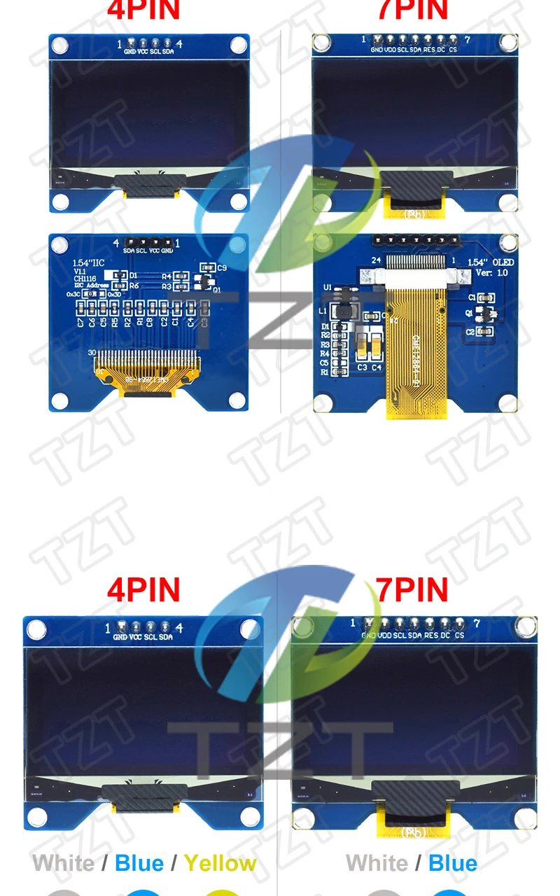 TZT 1,54 Zoll 4PIN 7PIN Weiß Blau OLED-Bildschirmmodul CH1116 Treiber-IC Kompatibel mit SSD1306 SPI-Schnittstelle 128*64 – Detail 6