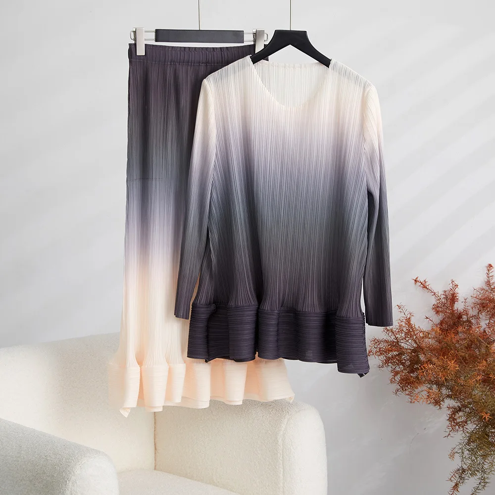 

Miyake Women's Pleated Skirt Sets Japanese Style Spring Casual Suit Y2K Fashion Brand Elegant Long Sleeves Crew Neck Tops