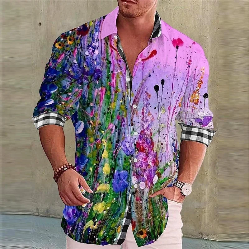 Fashion shirt lapel casual men's graffiti ink painting flower butterfly outdoor retro high quality material tops large size shir